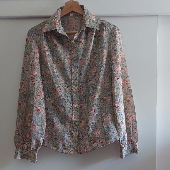 Vintage Bohemian Floral Button Front Blouse Western Festival Victorian 11/12 M/L - Picture 1 of 7